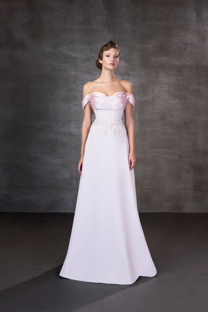 Style 26121 off-shoulder A-line gown