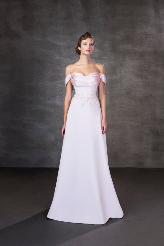 Style 26121 off-shoulder A-line gown