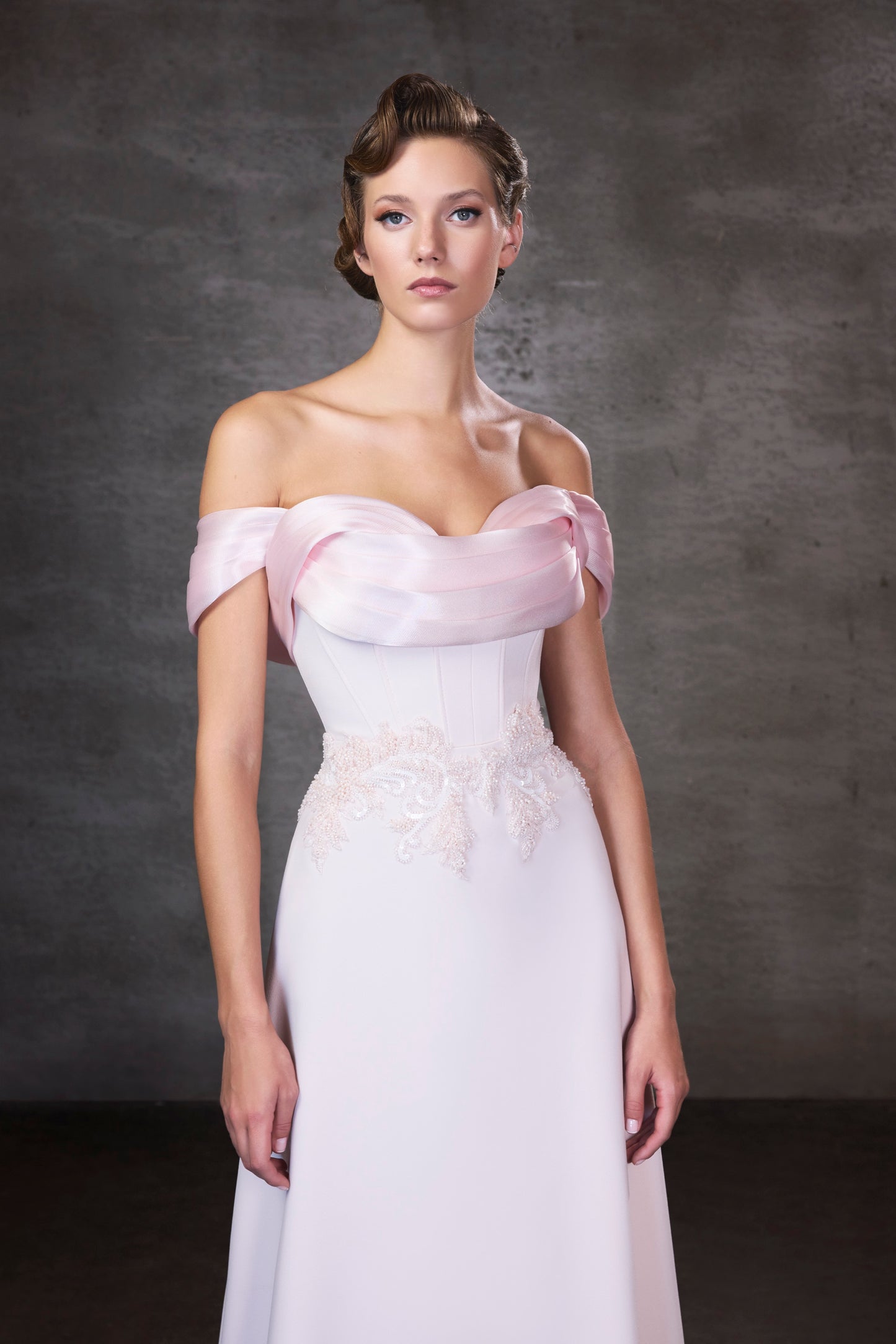 Style 26121 off-shoulder A-line gown detail